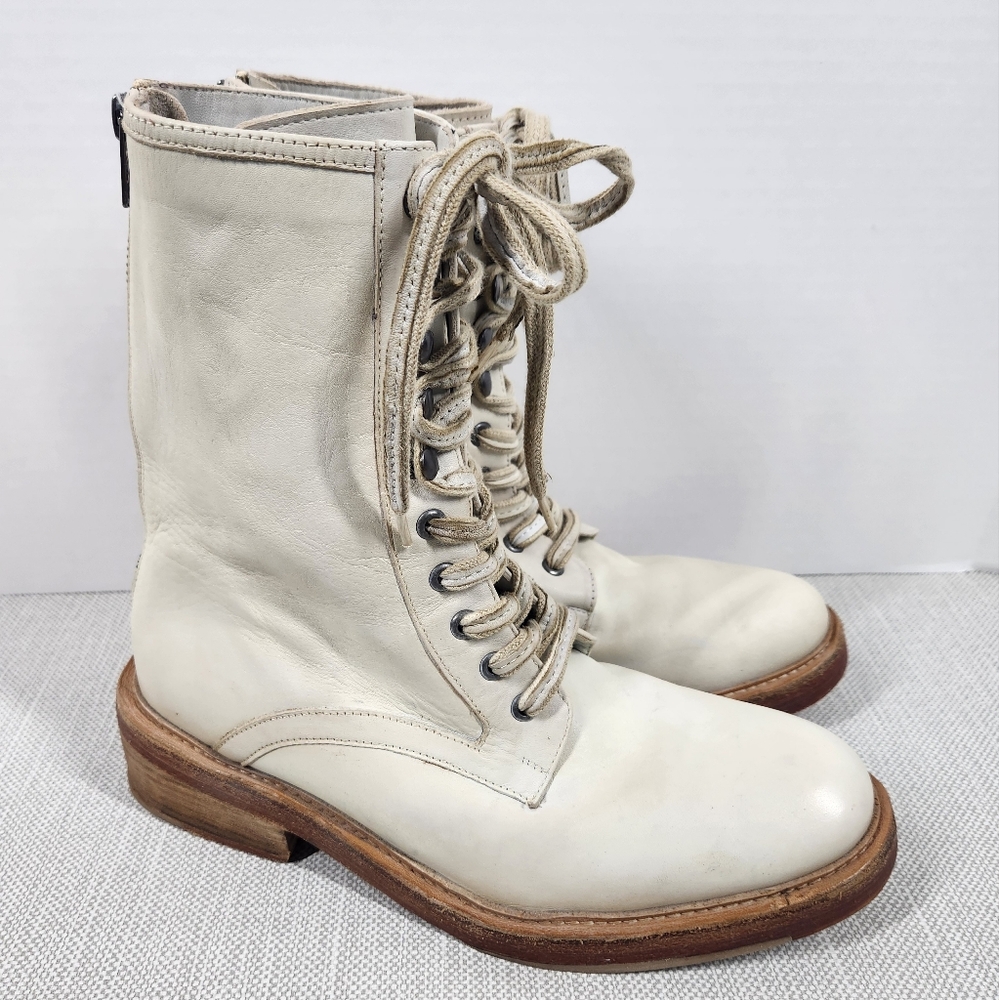 Free People Santa Fe Size 41 Lace Up Cream Leather Boots Moto Biker Combat